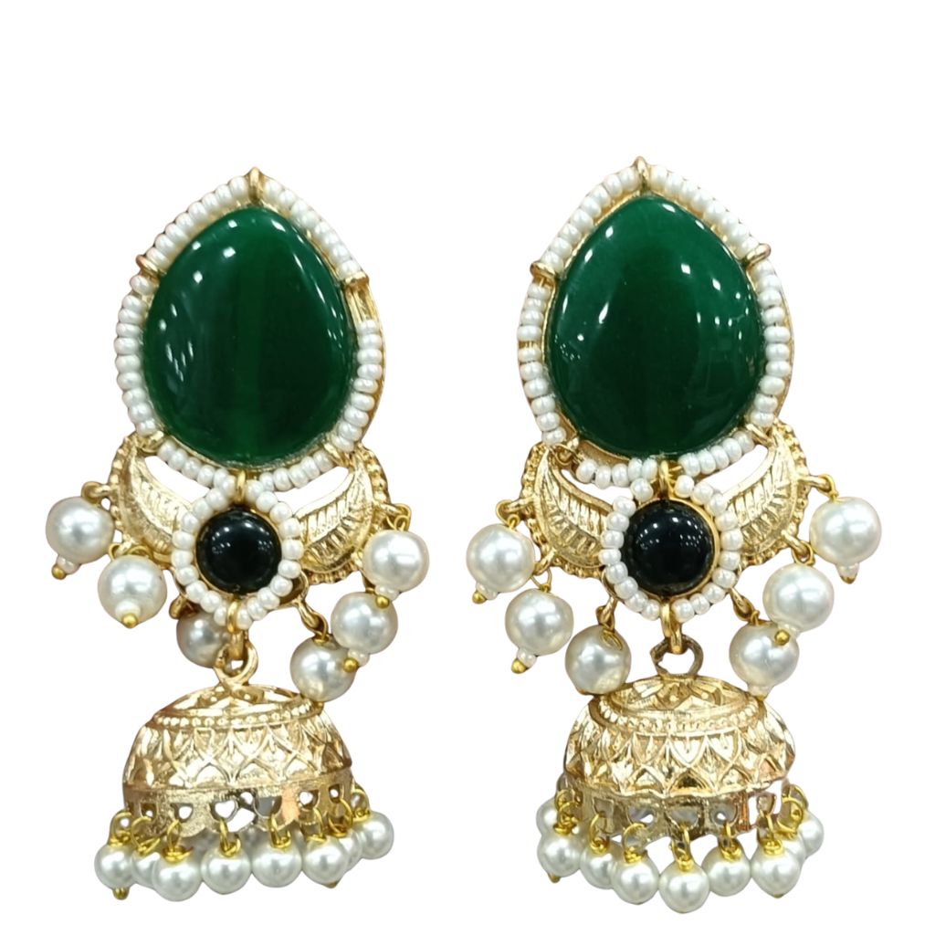 Green Emerald Royale Pearl Jhumka Earrings - Image 2