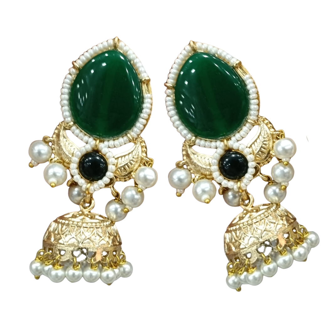 Green Emerald Royale Pearl Jhumka Earrings - Image 3